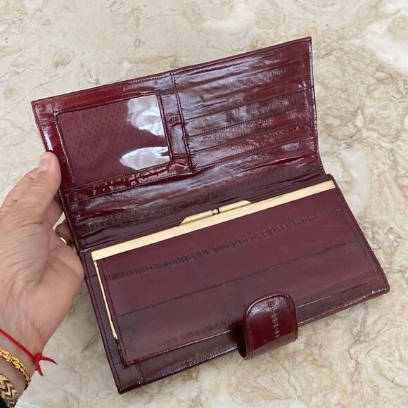 NEW! Vintage Eel Skin Large Wallet Burgundy Red - Picture 10 of 13